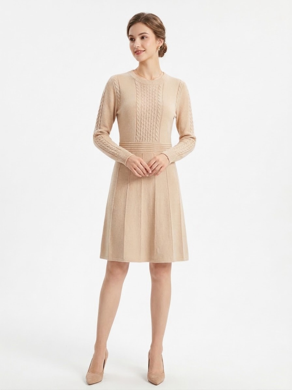 SHEIN Beige Cable Knit Long Sleeve Sweater Dress Size L (NWOT)
